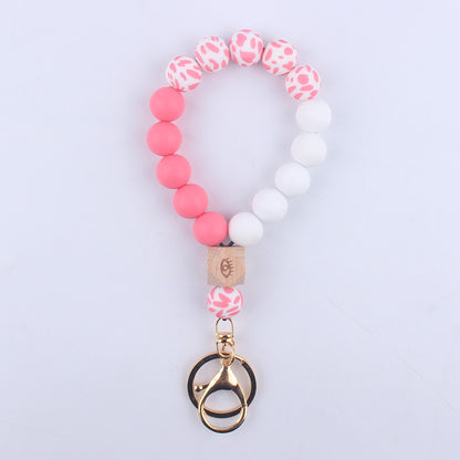 Octagonal Silicone Bead Wristlet Keychain with Wooden Accent 6