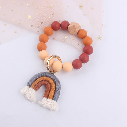 Rainbow Tassel Silicone Bead Wristlet Keychain with Wooden Accent 11