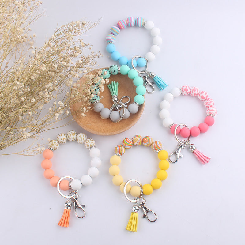 Leopard Print Tassel Silicone Bead Wristlet Keychain Charm 2