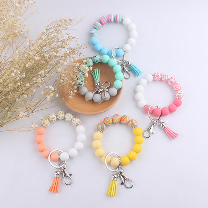 Leopard Print Tassel Silicone Bead Wristlet Keychain Charm 2