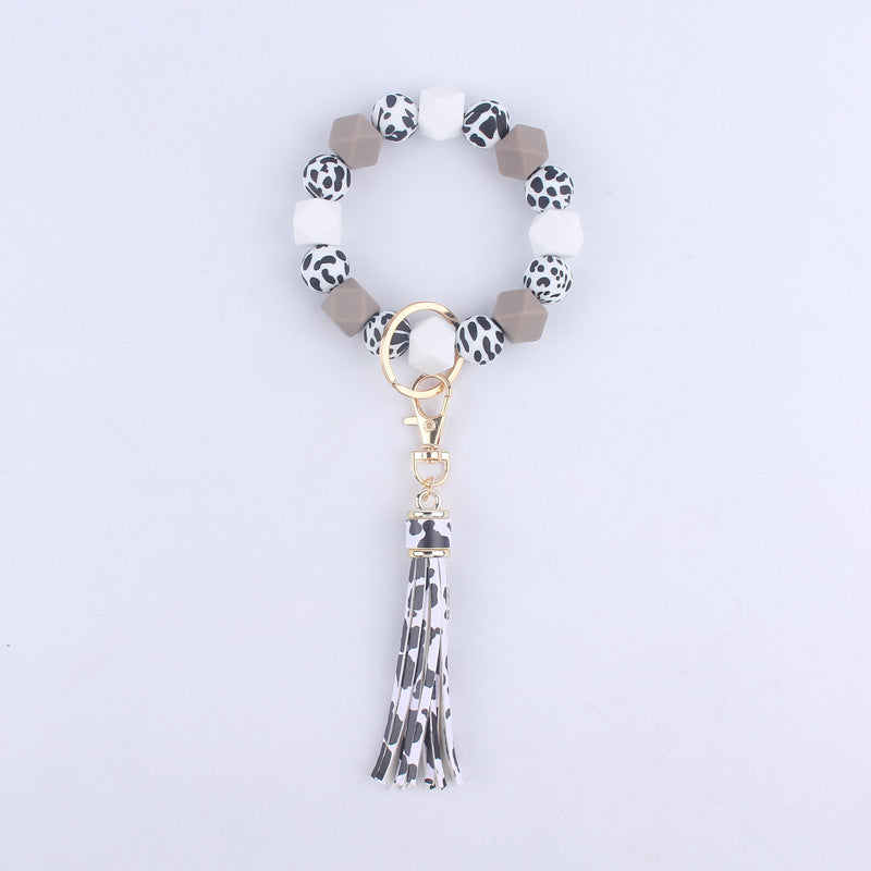 Leopard Print Silicone Bead Wristlet Keychain Tassel Charm 12