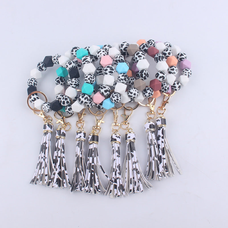 Leopard Print Silicone Bead Wristlet Keychain Tassel Charm 2