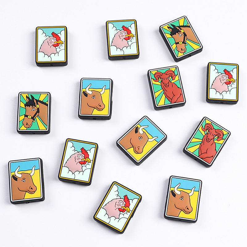 Silicone Focal Beads Tarot Animal Square Frame with Animal Faces 2