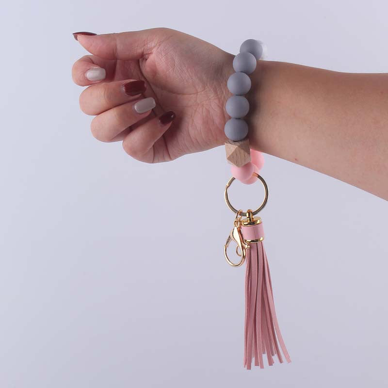 Leather PU Tassel Silicone Bead Wristlet Keychain 4