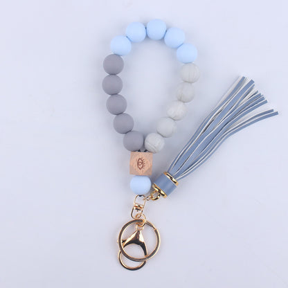 Beech Wood with Eyes Octagonal Tassels Silicone Bead Wristlet Keychain 13