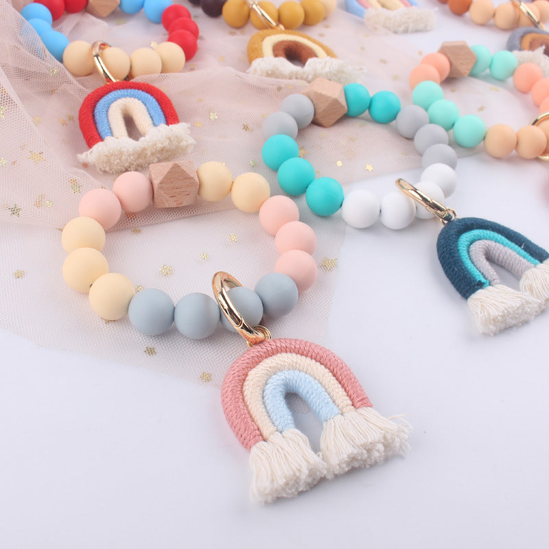 Rainbow Tassel Silicone Bead Wristlet Keychain with Wooden Accent 3