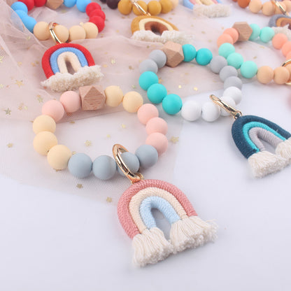 Rainbow Tassel Silicone Bead Wristlet Keychain with Wooden Accent 3