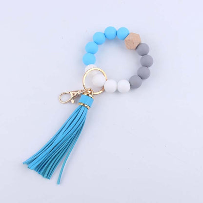 Octagonal Silicone Bead Wristlet Keychain with Tassel Charm 10