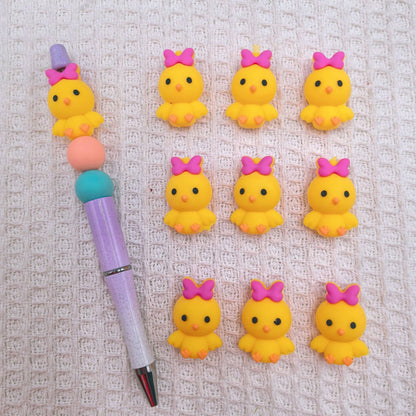 20Pcs Silicone 3D Focal Beads Easter Little Yellow Chicken Holding Pink Bow 3