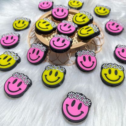 20Pcs Silicone Focal Beads Smiley Flower Smiling Face with Daisy Crown 2