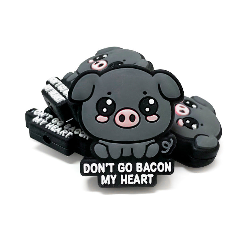 20Pcs Silicone Focal Beads Cartoon Animal Small Black Pig With Printed Text
