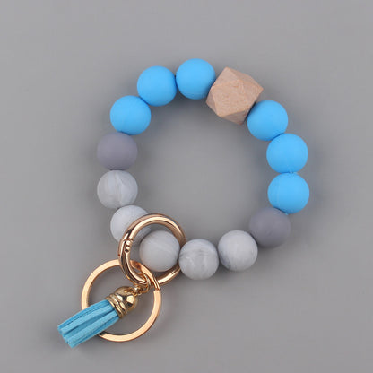 Leather PU Tassel Silicone Bead Wristlet Keychain Small Size 12