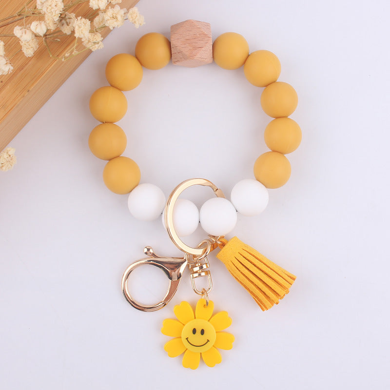 Sunflower Heart Silicone Bead Wristlet Keychain with Tassel Charm 7