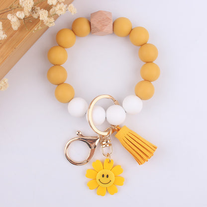Sunflower Heart Silicone Bead Wristlet Keychain with Tassel Charm 7