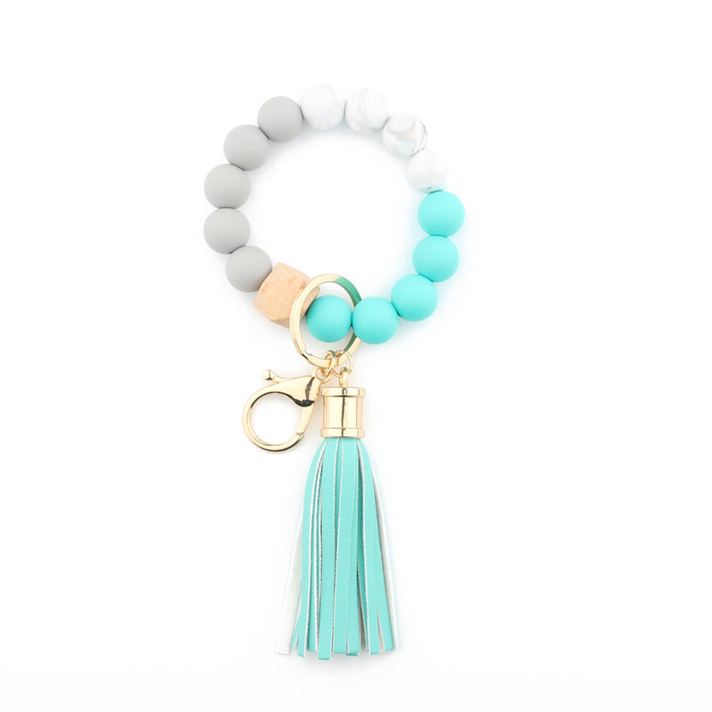 Silicone Bead Wristlet Keychain with Wooden Hexagon Bead Tassel 8