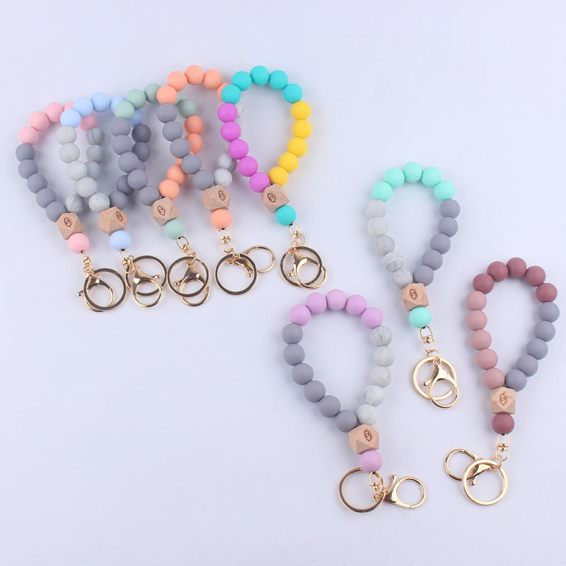 Octagonal Silicone Bead Wristlet Keychain with Wooden Accent 3