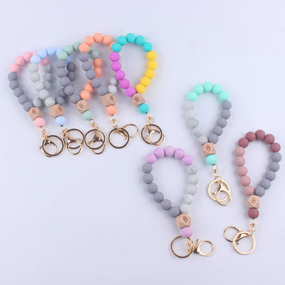 Octagonal Silicone Bead Wristlet Keychain with Wooden Accent 3
