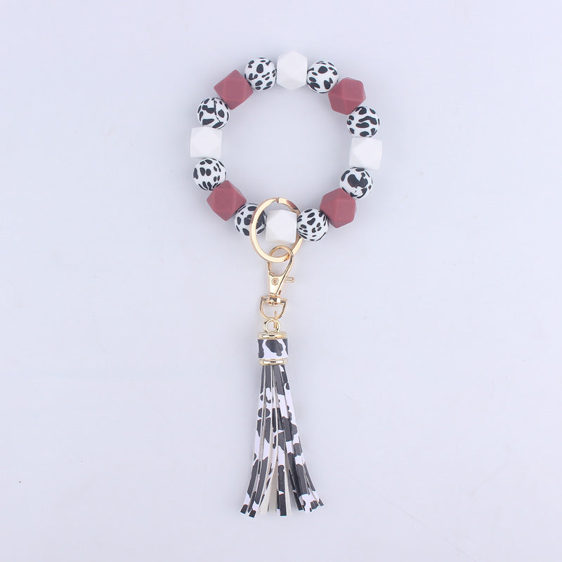 Leopard Print Silicone Bead Wristlet Keychain Tassel Charm 10