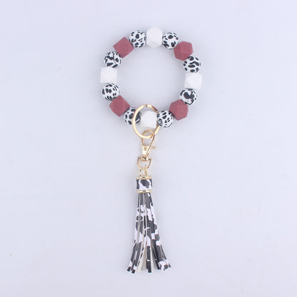 Leopard Print Silicone Bead Wristlet Keychain Tassel Charm 10