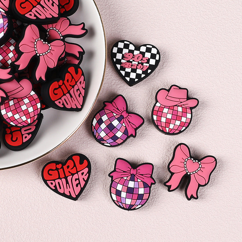 20Pcs Silicone Focal Beads Cartoon Love Pink Series With Bow and Heart Details