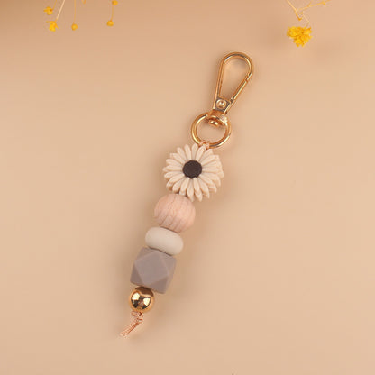 Daisy Silicone Bead Keychain with Wooden Round Bead Charm 7