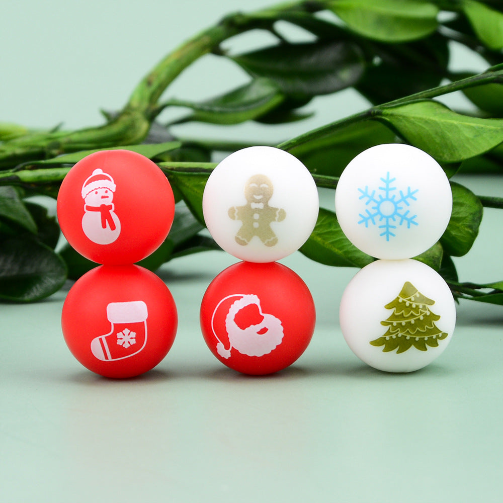 20pcs 15mm Christmas Silicone Beads Printed Design 2