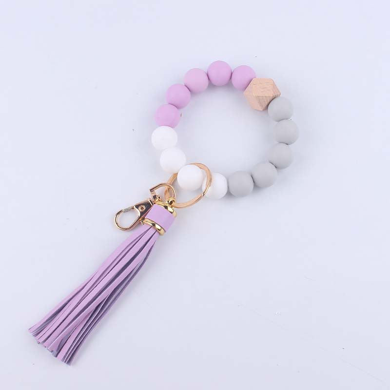 Octagonal Silicone Bead Wristlet Keychain with Tassel Charm 12