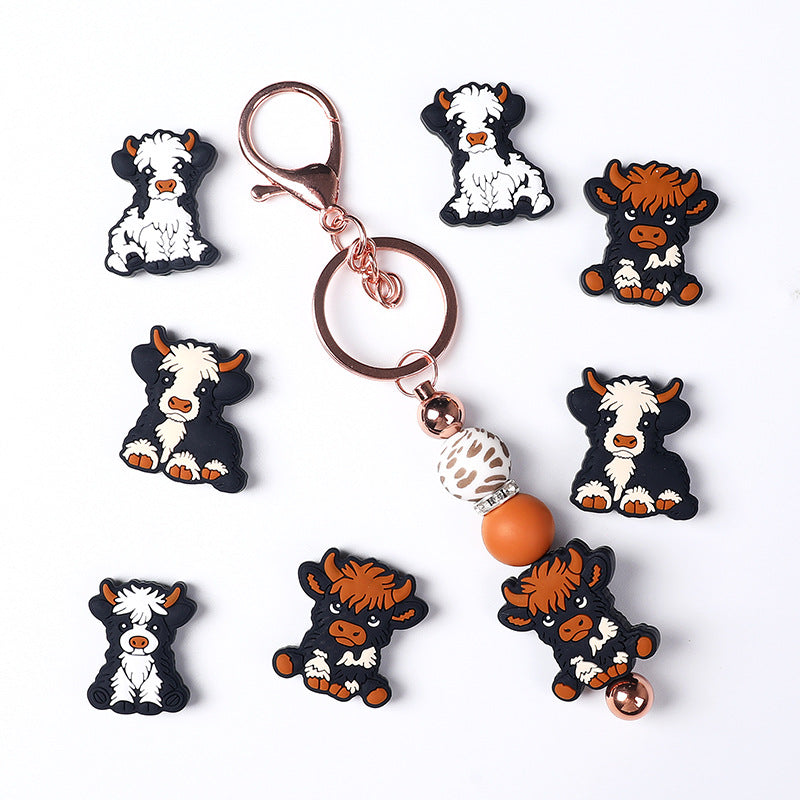 Silicone Focal Beads Cute Dairy Cattle Highland Cow Sitting Pose 2