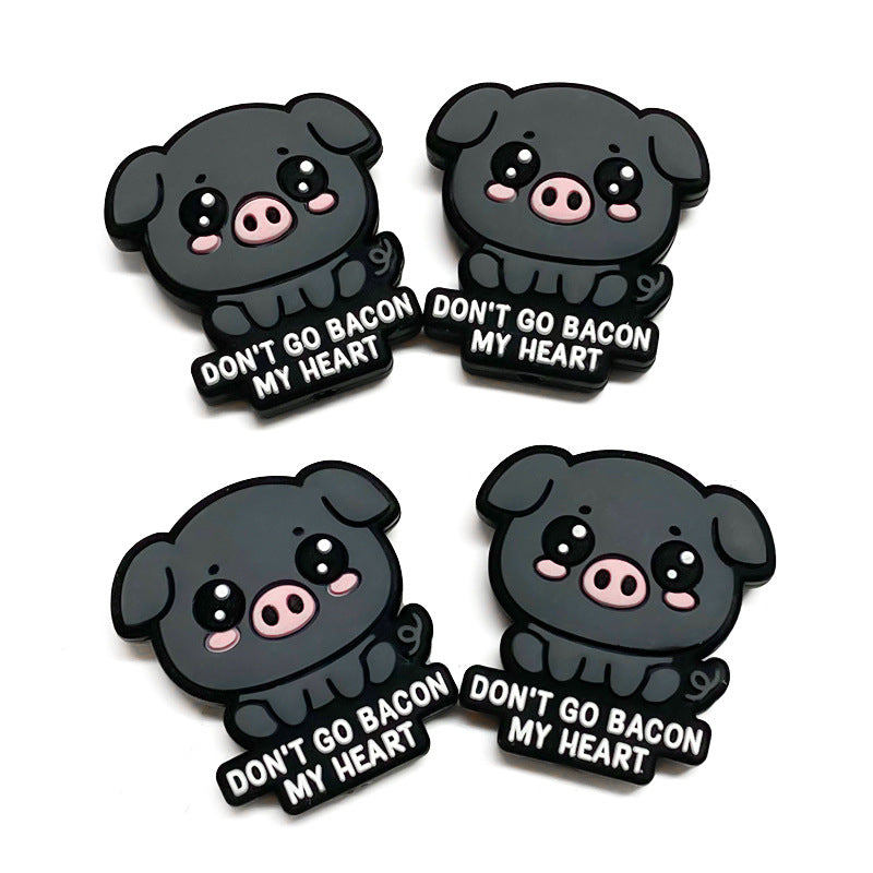 20Pcs Silicone Focal Beads Cartoon Animal Small Black Pig With Printed Text 4