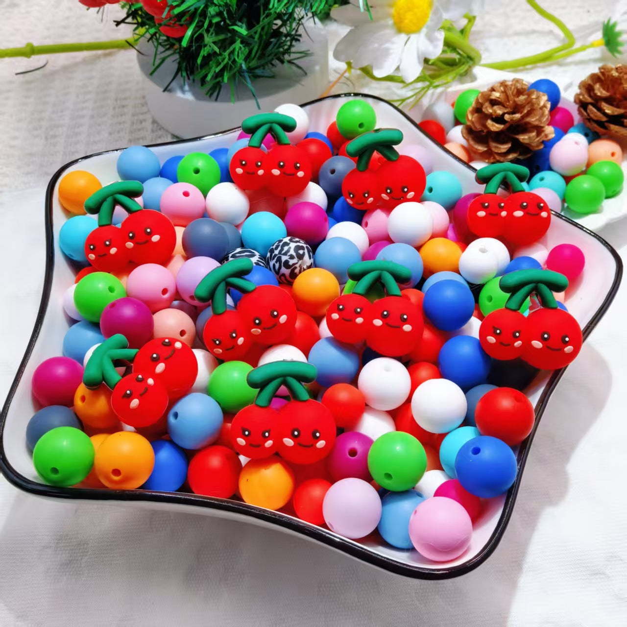 20Pcs Silicone 3D Focal Beads Cherry Smiling Face with Stem 4