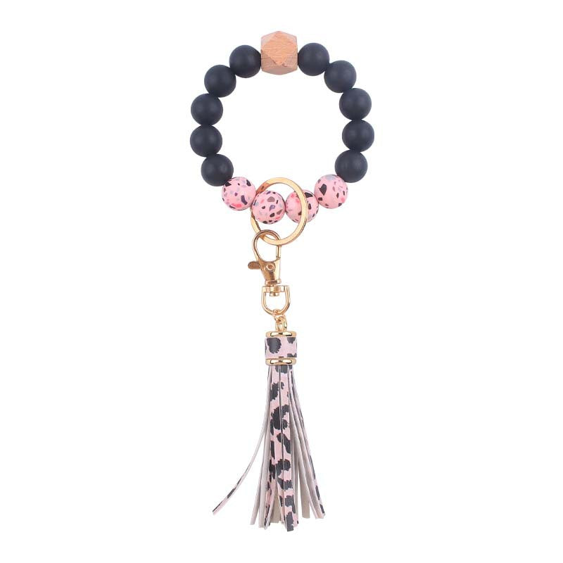 PU Tassel Silicone Bead Wristlet Keychain with Wooden Bead 8