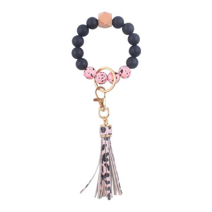 PU Tassel Silicone Bead Wristlet Keychain with Wooden Bead 8