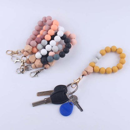 Wood Hexagon Silicone Bead Wristlet Keychain with Wooden Accent 2