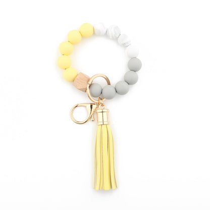 Silicone Bead Wristlet Keychain with Wooden Hexagon Bead Tassel 11