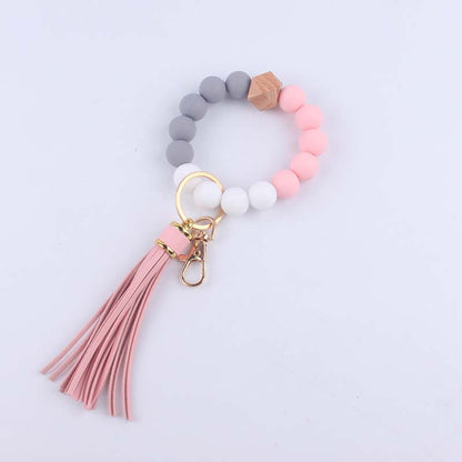 Octagonal Silicone Bead Wristlet Keychain with Tassel Charm 14