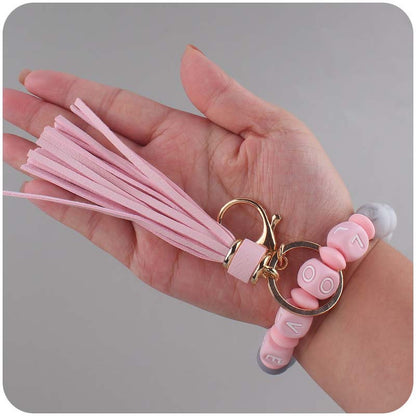 Letter LOVE Silicone Bead Wristlet Keychain PU Leather Tassel 3