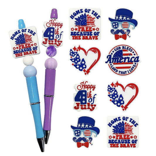 20Pcs Silicone Focal Beads Independence Day Printed Text and Flag Design