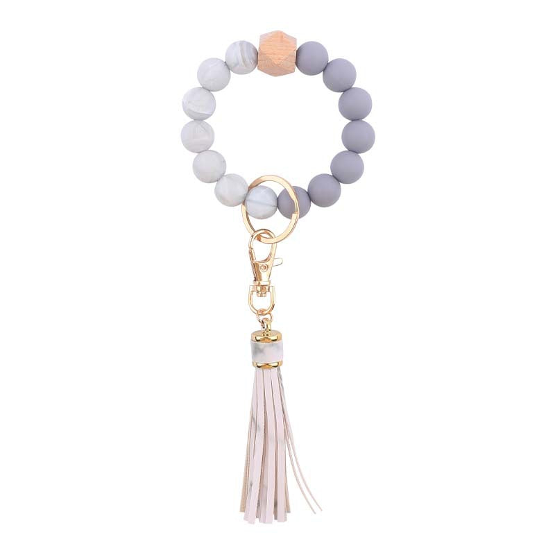PU Tassel Silicone Bead Wristlet Keychain with Wooden Bead 19