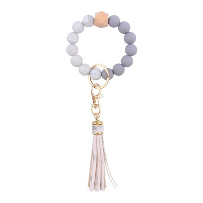 PU Tassel Silicone Bead Wristlet Keychain with Wooden Bead 19