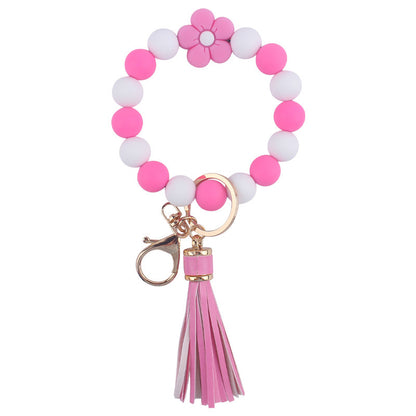 Flower Silicone Bead Wristlet Keychain with PU Leather Tassel 9