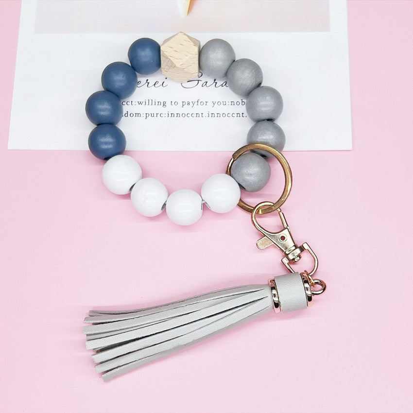 Wooden Bead Silicone Bead Wristlet Keychain with PU Leather Tassel 12