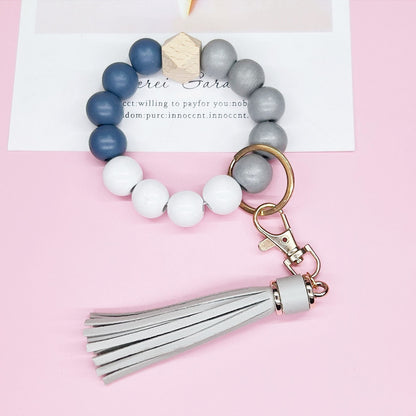 Wooden Bead Silicone Bead Wristlet Keychain with PU Leather Tassel 12