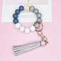 Wooden Bead Silicone Bead Wristlet Keychain with PU Leather Tassel 12