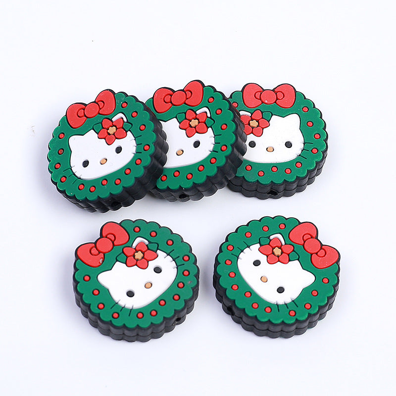 20pcs Silicone Focal Beads White Cat Round Face with Red Bow Christmas Wreath 2