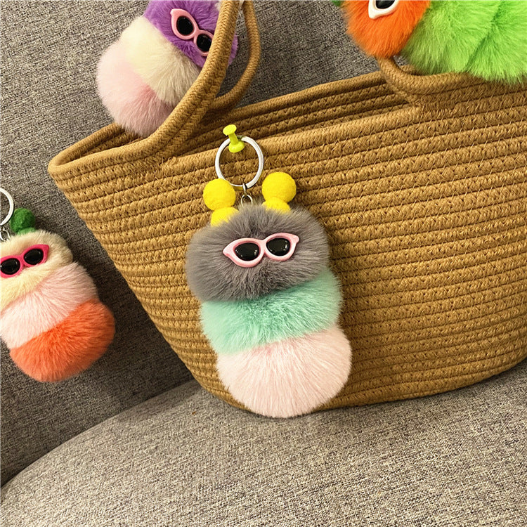 Caterpillar Pom Pom Plush Keychain Cute Furry Charm Accessory 15