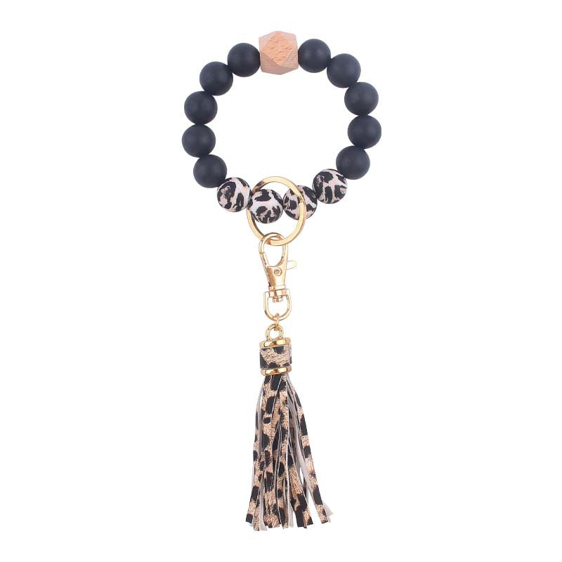 PU Tassel Silicone Bead Wristlet Keychain with Wooden Bead 7