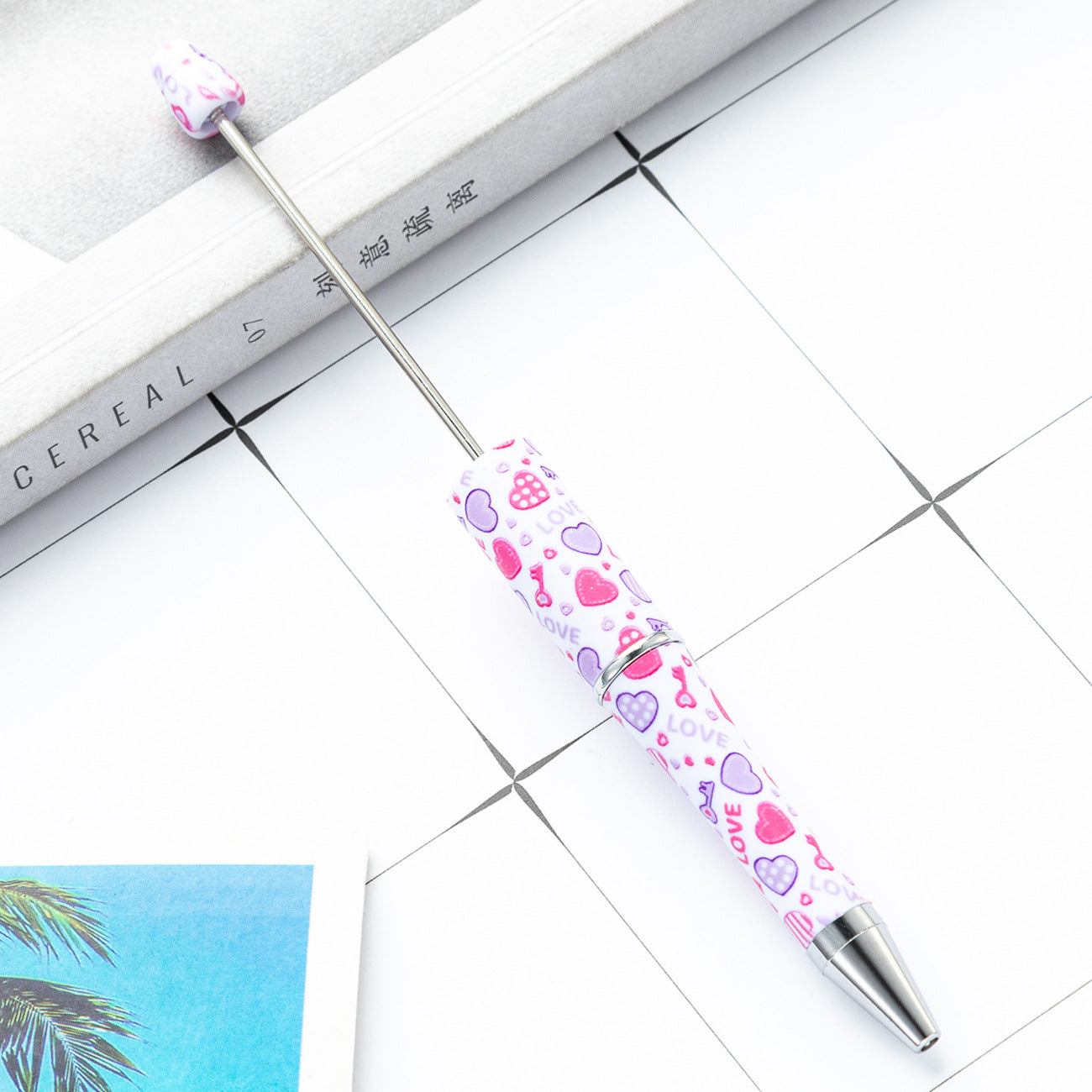 Valentine's Day Heart Print Beadable Ballpoint Pens 14.4cm DIY 24