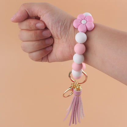 Flower Silicone Bead Wristlet Keychain with PU Leather Tassel 4