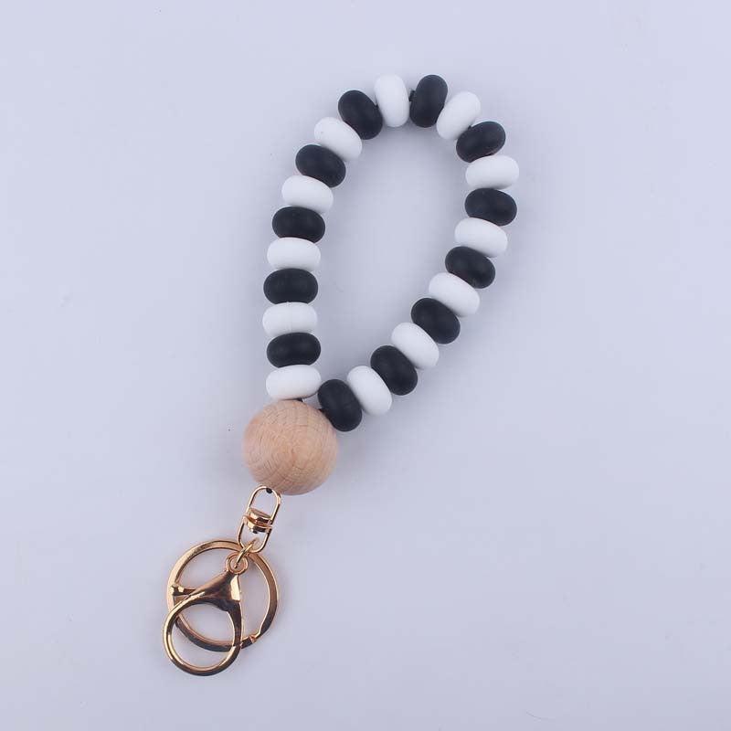 Flat Silicone Bead Wristlet Keychain with Wooden Accent 12
