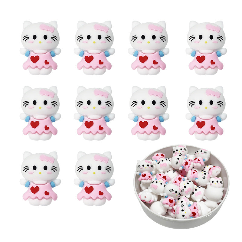 3D Silicone Focal Beads Cute White Kitty Cat Wearing Pink Dress 2